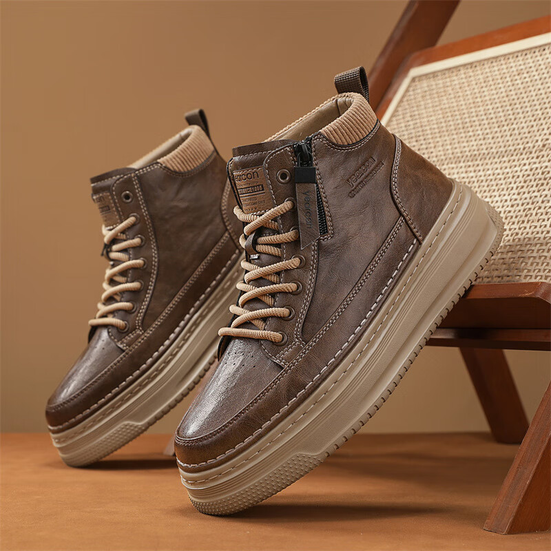 意尔康男鞋时尚运动休闲鞋时尚复古马丁靴厚底保暖高帮鞋子男  栗棕 43