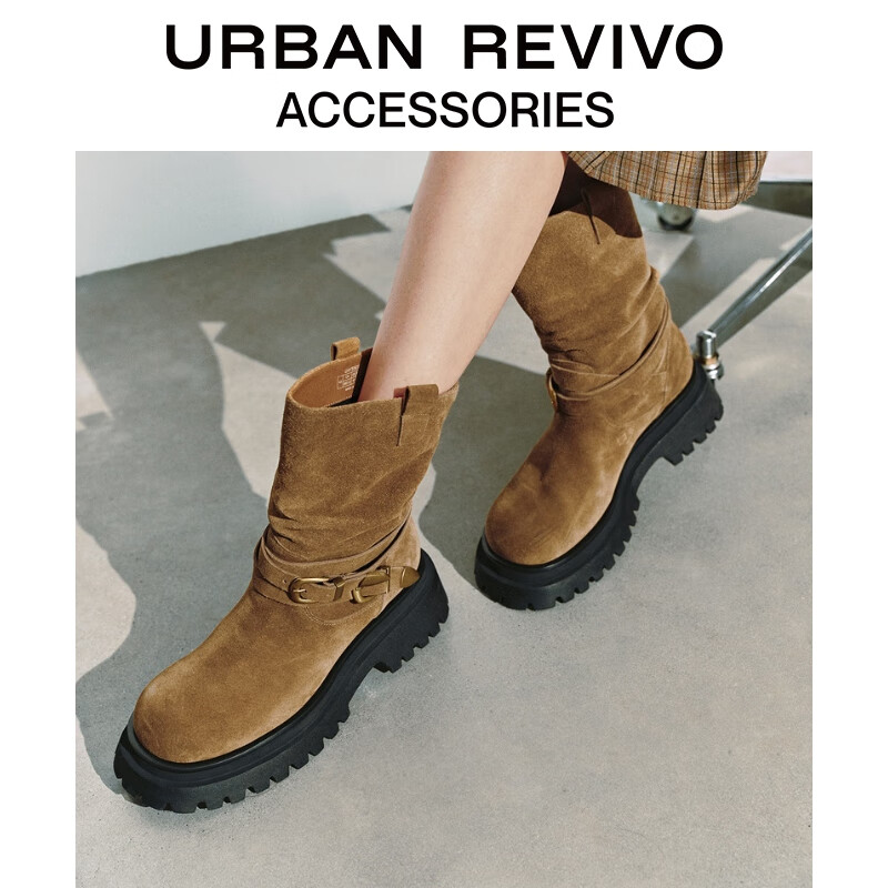 UR冬季新款女士金属扣厚底真皮靴子UAYS50107 咖棕 37