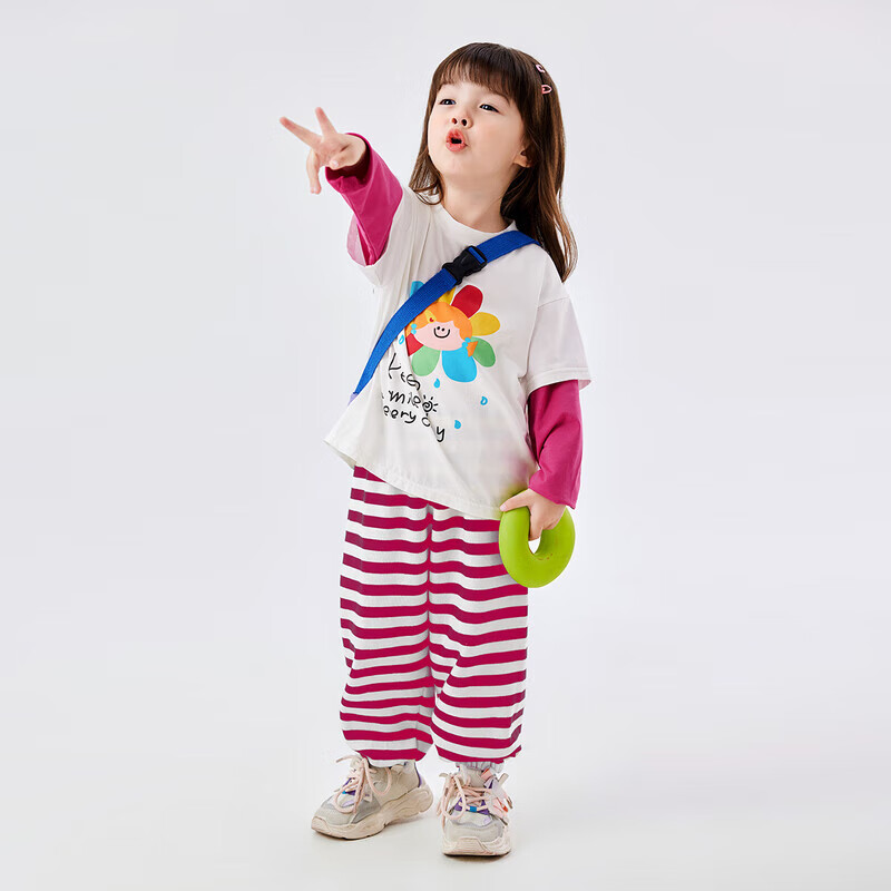 嘟嘟家女童长袖套装春装女小童秋款可爱假两件T恤女宝宝休闲条纹裤子潮 藏青色 90