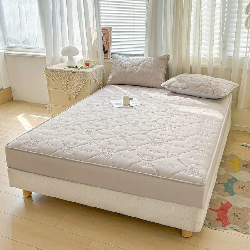 雅鹿加厚夹棉床笠防尘绗缝床罩三件套隔脏床盖床垫保护套床上用品 小熊夹棉床笠-山灰【蓬松柔软 四季通用】 180*200cm单床笠