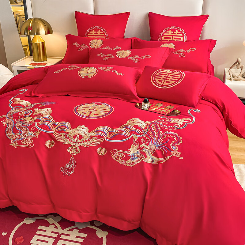 猫人（MiiOW）婚庆红色刺绣新中式结婚四件套婚房水洗棉床单被套婚嫁床上用品 龙凤呈祥【精美刺绣】 2.0m 床单款 四件套-220*240cm被套