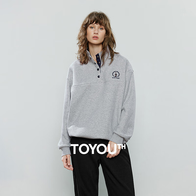 初语卫衣女2025冬季新款立领兔子刺绣加绒保暖宽松上衣 花灰色   S   