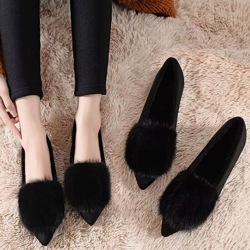 回力【厂牌】真皮水貂毛毛鞋豆豆鞋女加绒单鞋尖头平底浅口瓢鞋子 黑色加绒 40