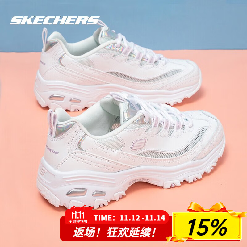 斯凯奇（Skechers）女鞋小白鞋夏季新款网面镭射熊猫鞋透气运动休闲鞋厚底增高老爹鞋 白色-WHT 35
