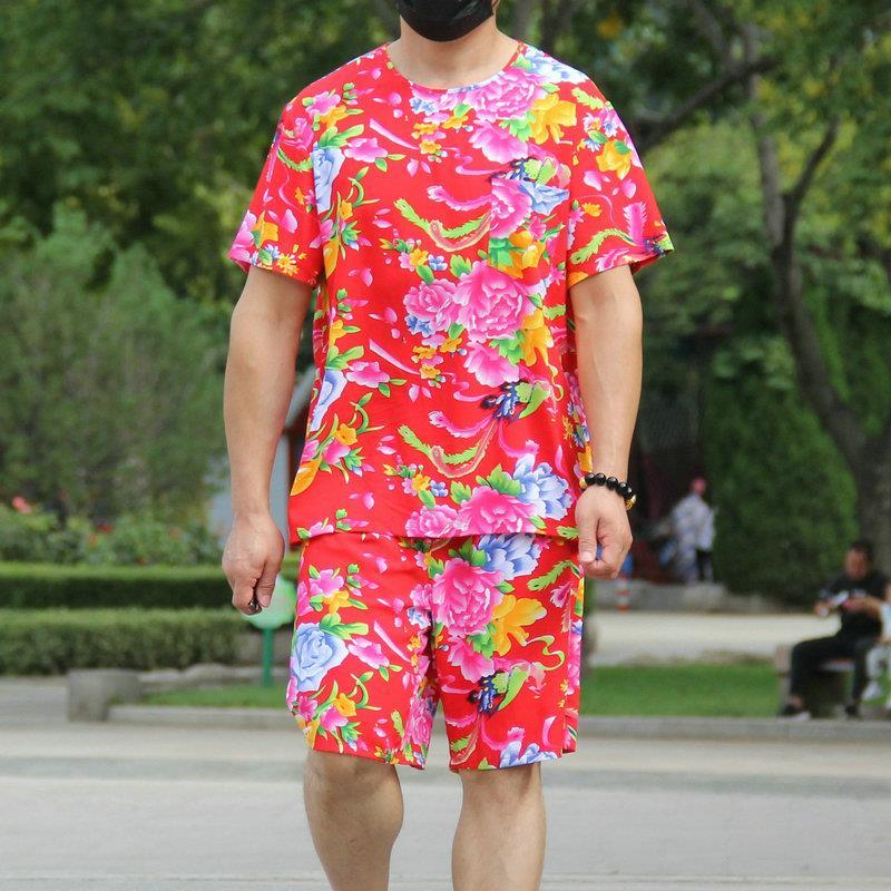衣服花长短裤男碎花t恤东北大花布绸睡衣套装民族风演出服装男士短袖