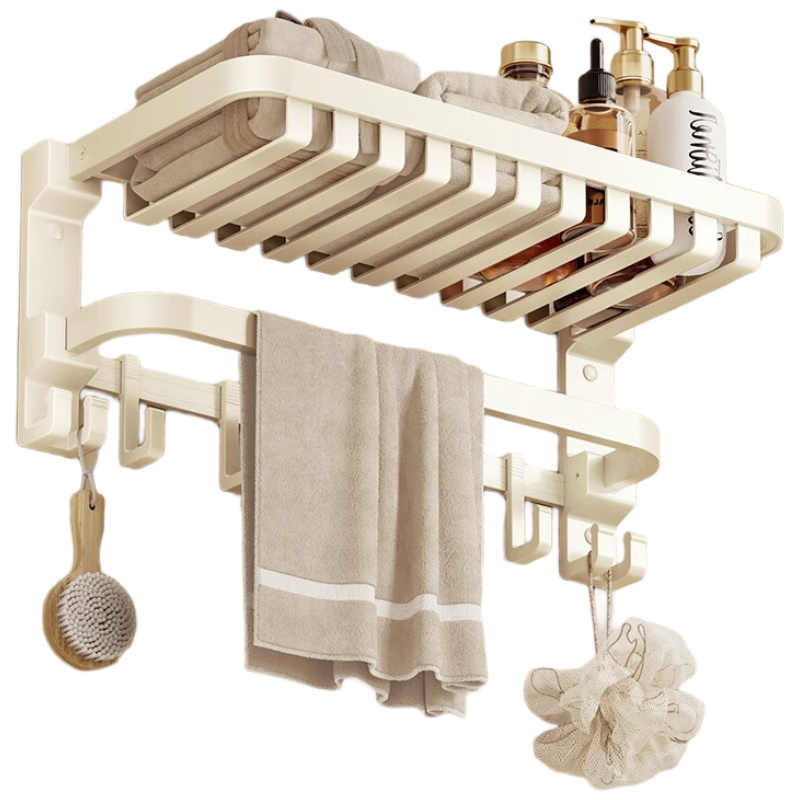 卡貝(cobbe)毛巾架免打孔衛(wèi)生間置物架子浴室?guī)珍X折疊浴巾架奶白色掛件