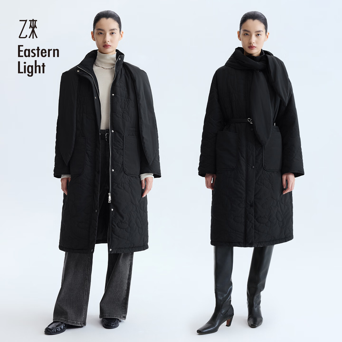 乙来【甄选90%大朵白鸭绒】E标绗缝长款连帽羽绒服女冬季外套衣服加厚 夜空黑 M