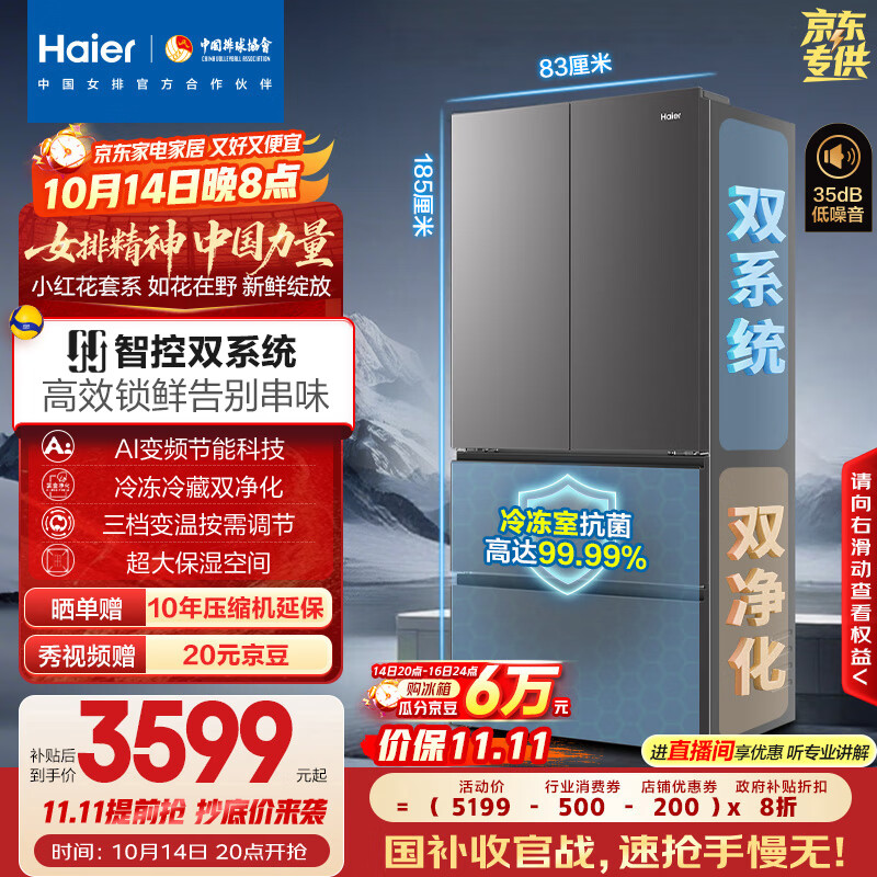 海尔（Haier）「小红花2.0」550升法式多门双系统双循环家用电冰箱大容量一级能效国家补贴BCD-550WGHFDC9GYU1