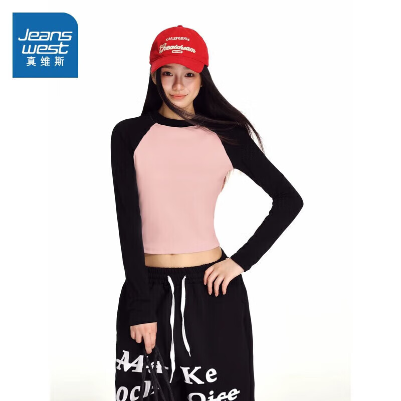 真维斯女装2025春季新款短款收腰修身圆领撞色拼接插肩长袖T恤G2 黑色拼粉色835A 均码 160/84A