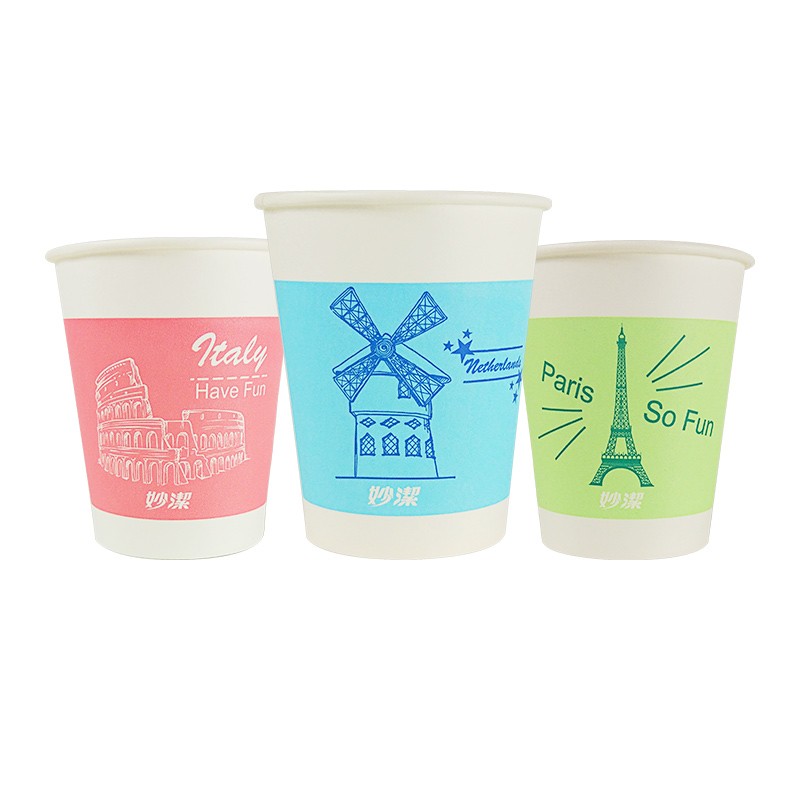 妙洁 一次性纸杯 商务杯子世界风情杯 250ml*80只装 一箱（24包，共1920只）