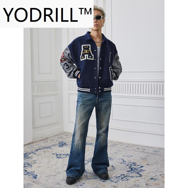 米可杉美式cleanfit立领重磅刺绣棒球服潮牌外套男夹克 藏蓝色加厚款 藏蓝色加厚款 S