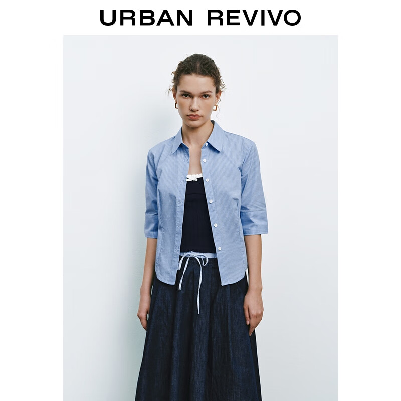 UR夏季新款女装时尚休闲通勤撞色格纹开襟衬衫UYY250041 蓝色格子 S