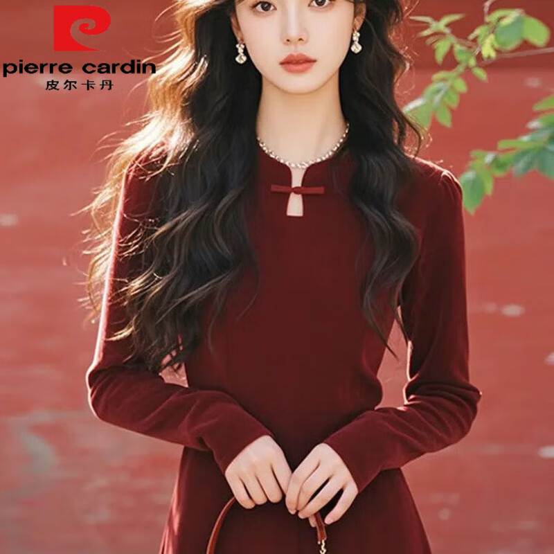 皮尔卡丹秋季国风重要场合中式漂亮气质盘扣针织长袖2025连衣裙新款 红色 S