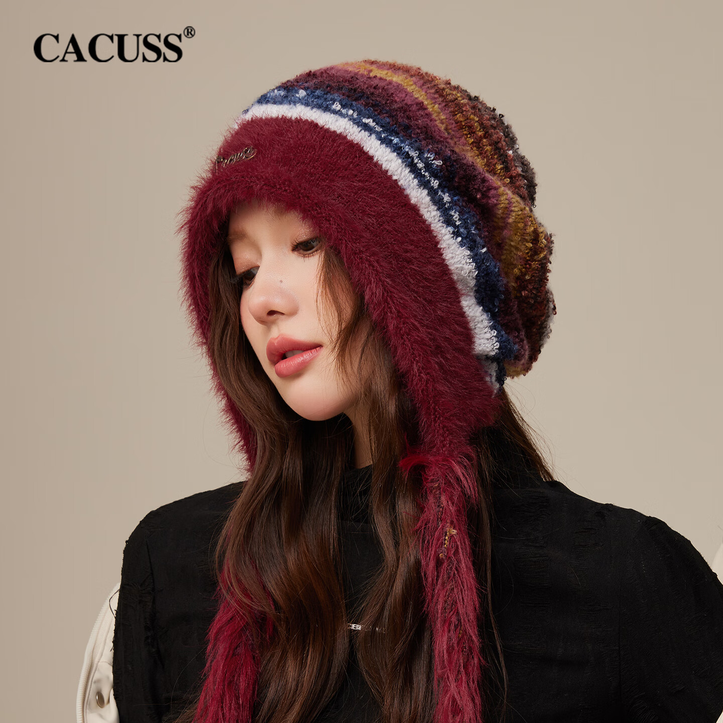 CACUSS帽子女士秋冬季毛线帽撞色针织帽冬天保暖防寒加绒加厚帽子骐骥红
