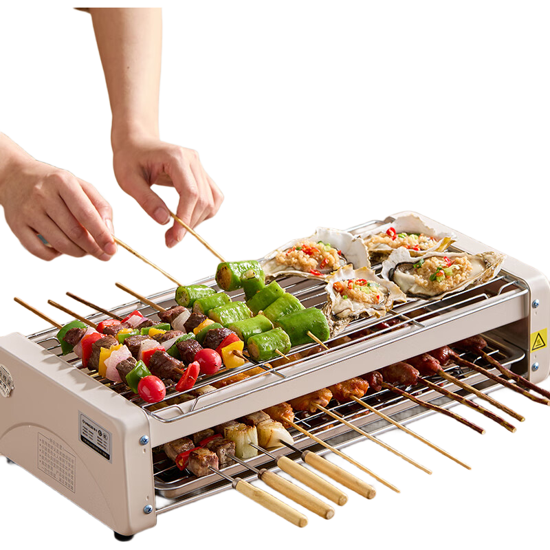 揚子家用多功能電燒烤爐 烤肉機分體可拆卸烤爐 無煙電烤盤不粘電烤爐鐵板燒烤串機燒烤爐 雙層燒烤架 白色  雙烤網(wǎng)+烤盤+4烤碟 2層