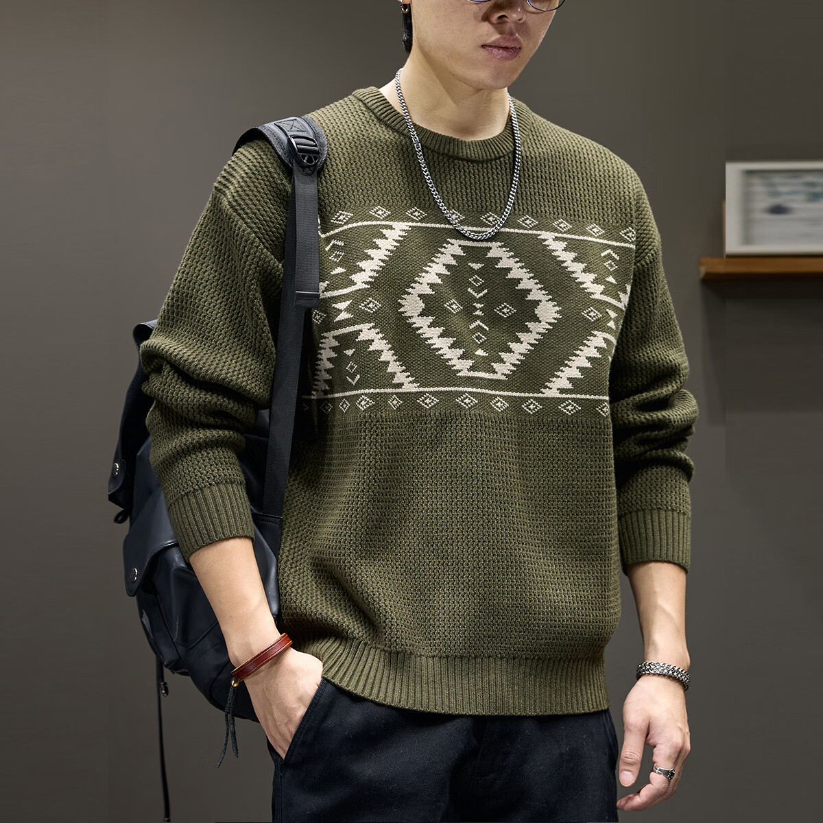 新百伦重磅圆领毛衣男士冬季加厚保暖针织衫宽松潮牌休闲毛线衣外套 黑色 M 码【建议110-130斤】
