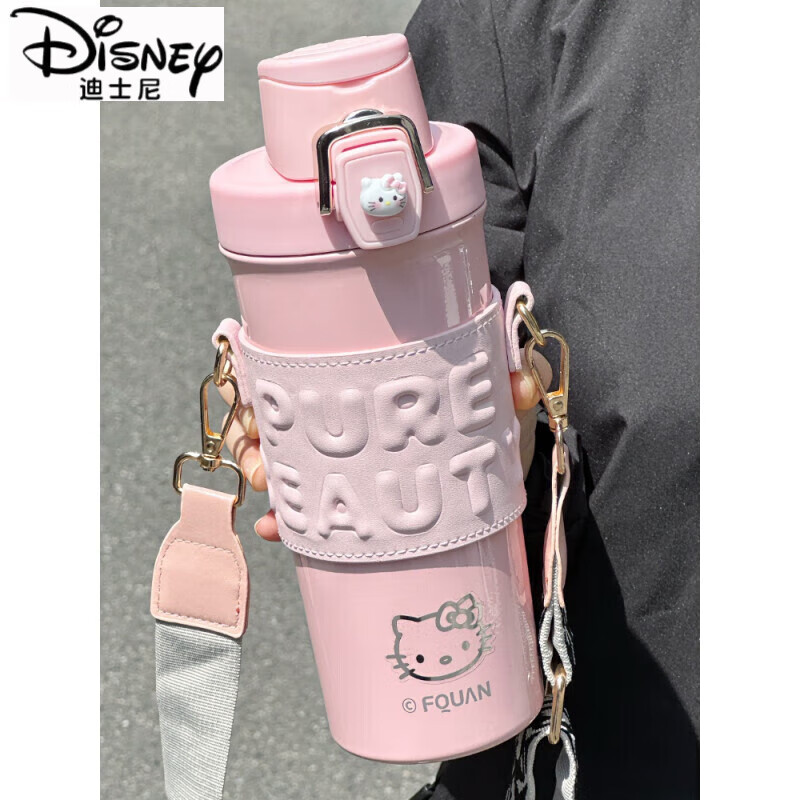 迪士尼（Disney）大容量保温杯ins风女生双饮水杯斜跨便携学生2025新款情侣款杯子 粉色(赠五个立体贴+凯蒂猫 680ml