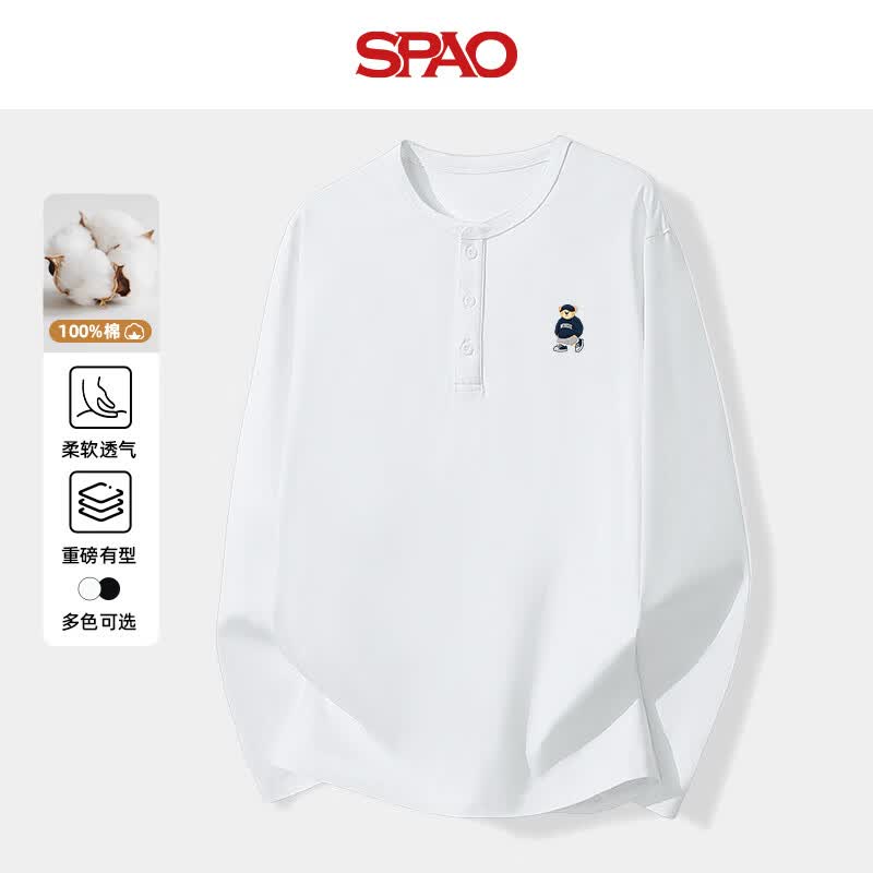 SPAO韩国同款刺绣小熊男亨利领长袖秋冬潮流百搭纯棉t恤SPCX25ST05LD 白#SP海军熊-贴布绣 S