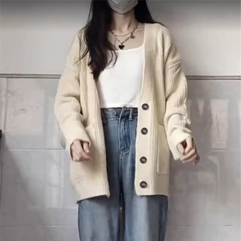 相伊恋人针织外套女26年春秋季新款毛衣外搭中长款宽松开衫慵懒风韩版上衣 浅灰色 均码 【建议80-140斤】