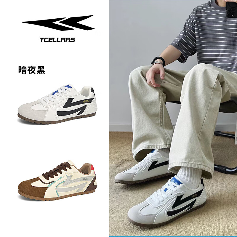 Tcellars德训鞋新款夏季复古百搭板鞋男鞋低帮平底透气舒适休闲鞋子男款 暗夜黑 39