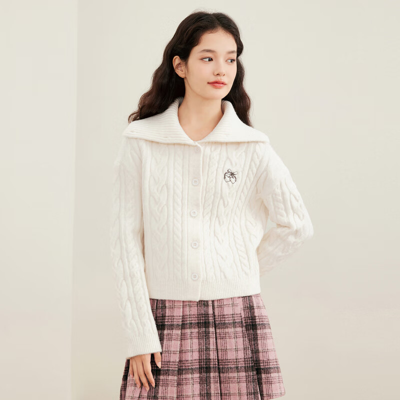 乐町大翻领线开衫立领两穿毛衣宽松外套 香草白（现货） S