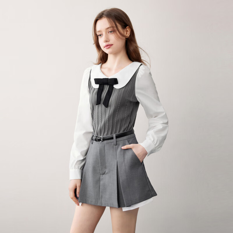 乐町娃娃领衬衫拼接套衫 灰色（现货） S
