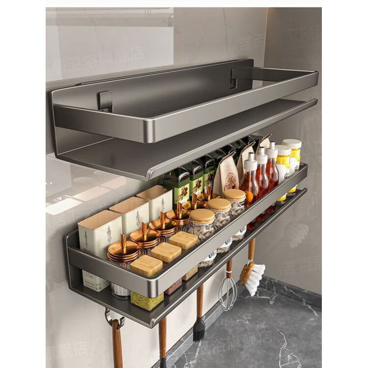 笛芳厨房置物架调味料品罐收纳架子墙上免打孔壁挂式调料架放置移动 【白色】双层可拆洗厨房置物架60cm-碳钢(带钩)