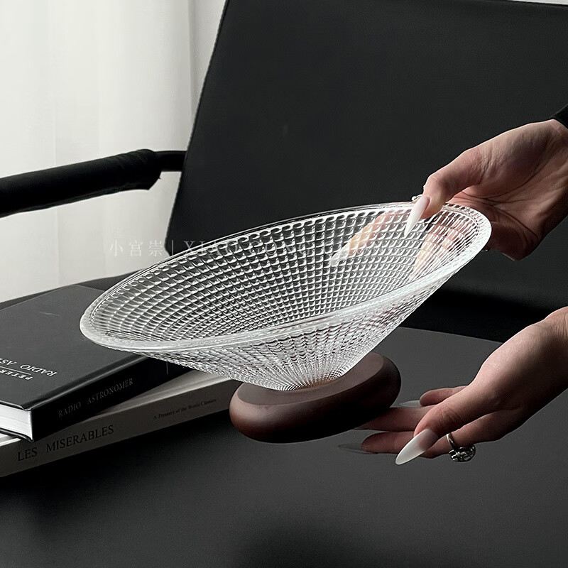 WCZ德国水果盘高档轻奢玻璃客厅高级茶几干果盘家用前台糖果盘子坚果 黑脚-格纹水果盘【2只装】