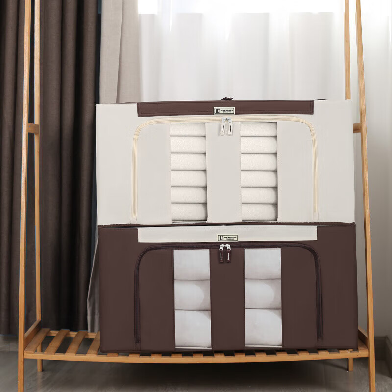 超大号120升牛津布钢架装棉被收纳箱拉链衣柜箱百纳箱折叠储物箱 超大号/承重强/米色