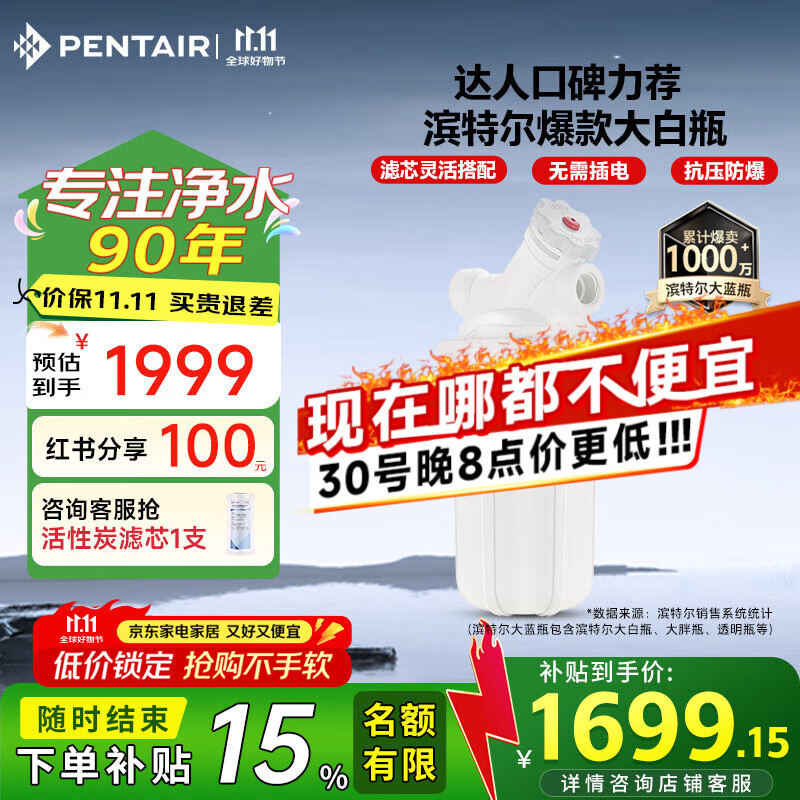 滨特尔（pentair）大白瓶前置过滤器 全屋家用自来水过滤器 前置净水器大蓝瓶 中央净水机大流量大胖瓶高精度  【10寸大白瓶】包安装