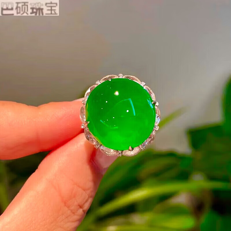 誉尚荣冰种正阳绿蛋面翡翠戒指18k金镶嵌缅甸a货满绿绿戒面 辣绿