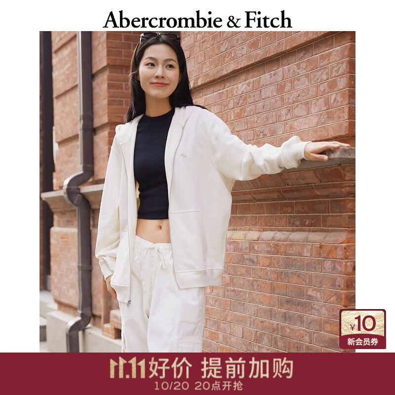 Abercrombie &amp; Fitch经典小麋鹿图案男装女装情侣装25春季连帽卫衣外套122-5251 奶油白 L (180/108A)