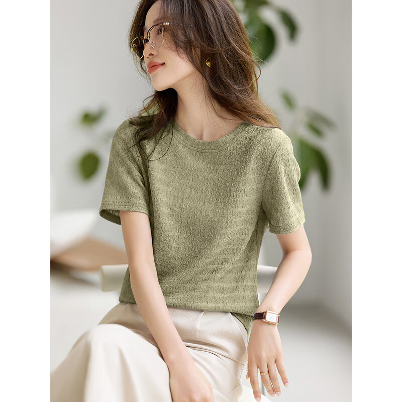沫晗依美肌理感休闲气质短袖T恤2025年夏季新款简约基础短袖女T恤 绿色 M
