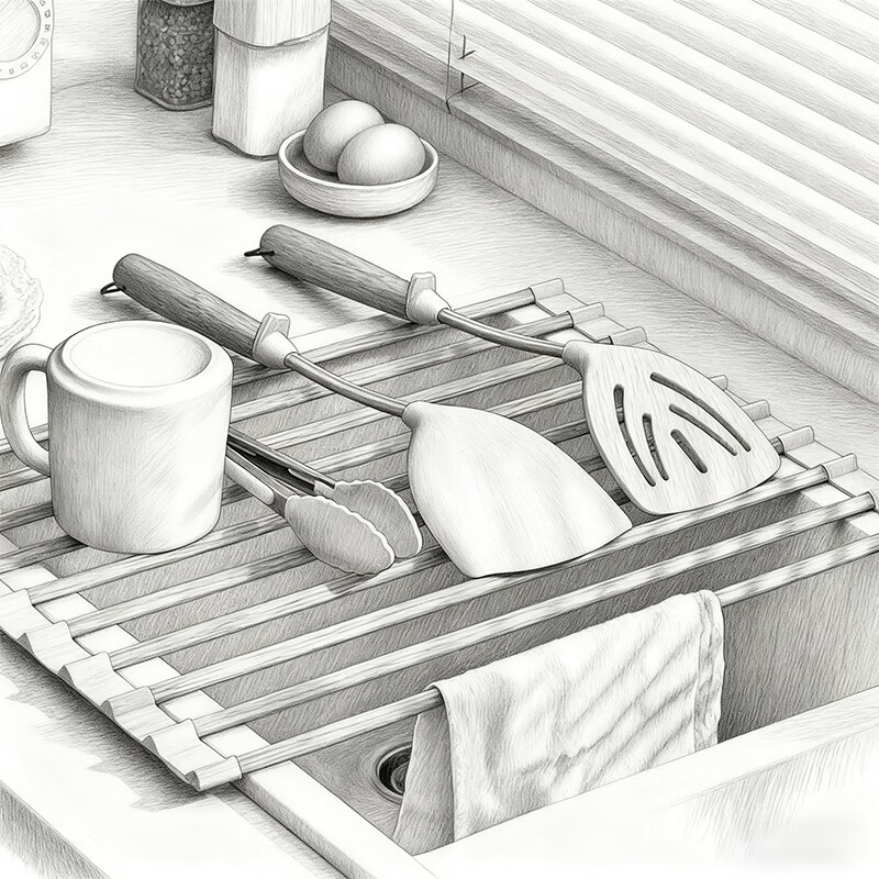 尔思家厨房水槽沥水架不锈钢碗碟碗盘收纳架沥水篮洗菜篮可折叠置物架 黑色小号