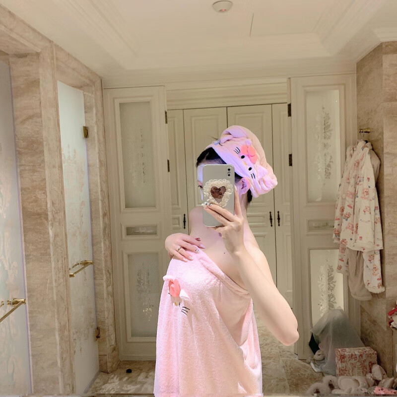 Kaooseen浴巾成人女士可穿2026新款hellokitty毛巾浴巾三件套珊瑚绒浴裙 【毛巾+浴巾+干发帽+浴裙】