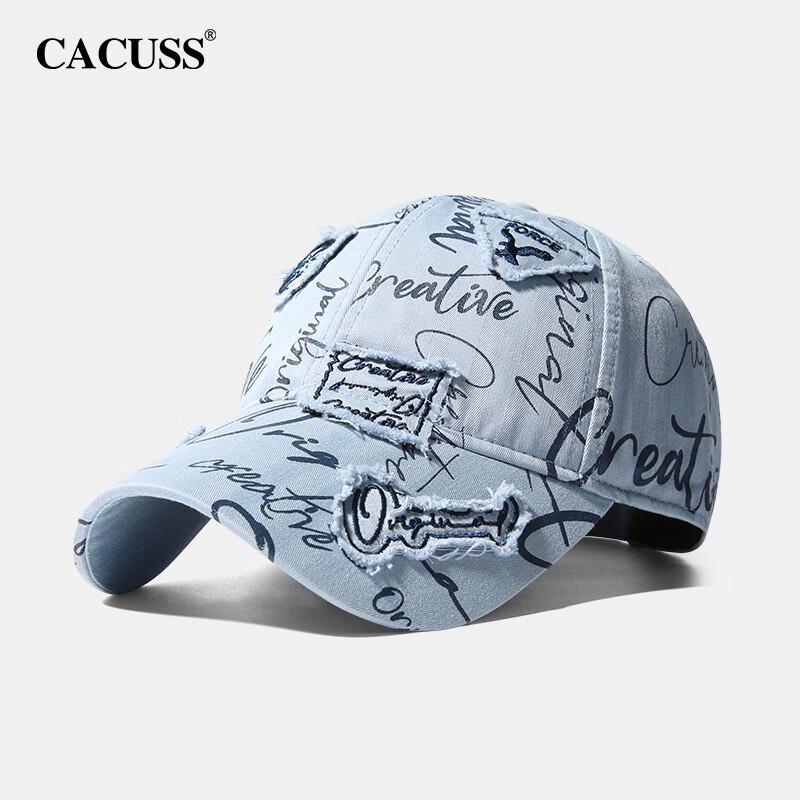 CACUSS【潮墨】棒球帽男女同款涂鴉貼布刺繡輕奢鴨舌棒球帽 淺藍(lán)色 57-59CM