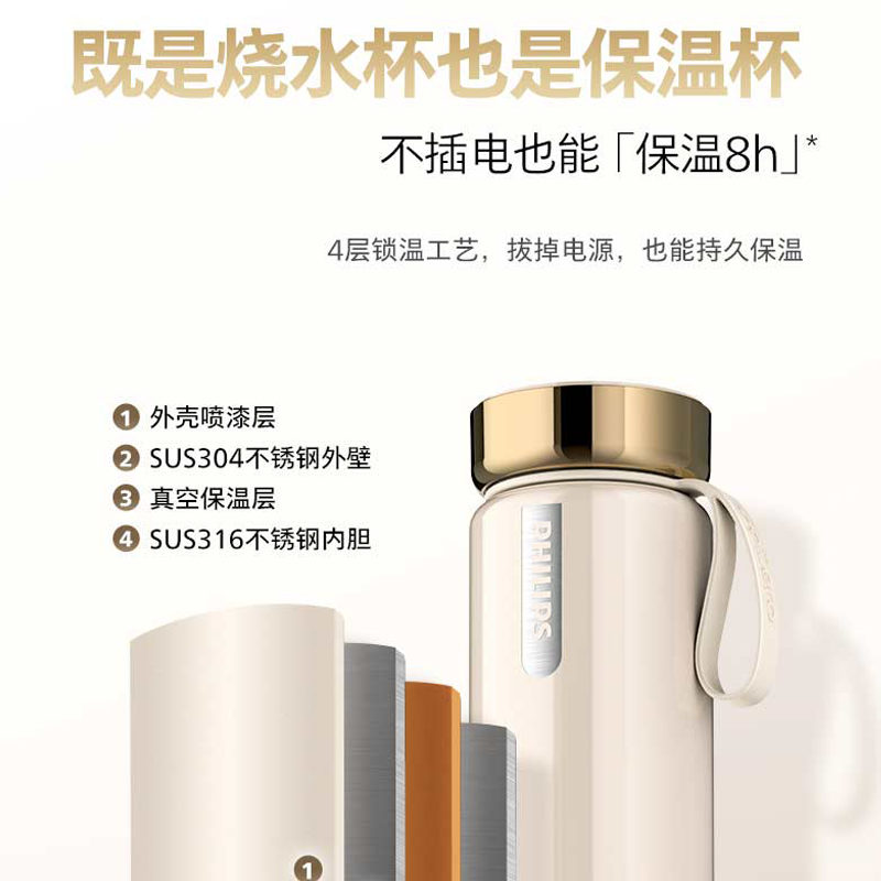 飞利浦（PHILIPS）便携式烧水杯保温杯恒温电热水杯 旅行出差必备【升级三代杯】 0.4L AWP3319/93AP【杏色】