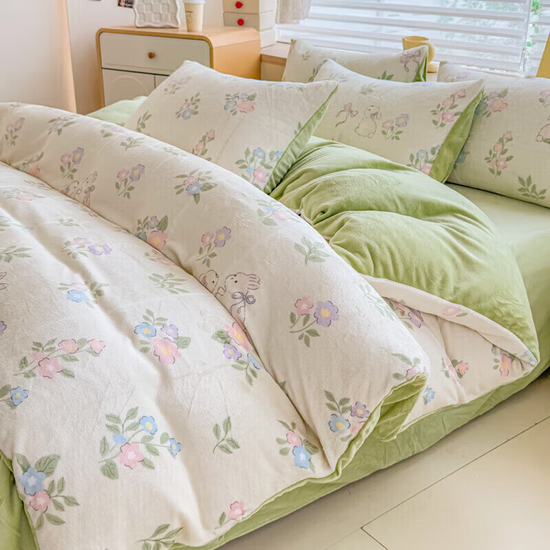 软贝小清新牛奶绒床上四件套保暖毛绒床单被套学生宿舍秋冬款三件套 绿意盎然 床单款 2.0m  被套200*230cm 四件套