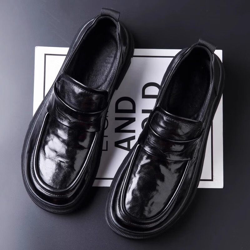 Walker Shop男士高端皮鞋男软羊皮大头商务通勤皮鞋新款厚底增高一脚蹬乐福鞋 黑色系带款 【品牌男鞋 礼盒包装】 40