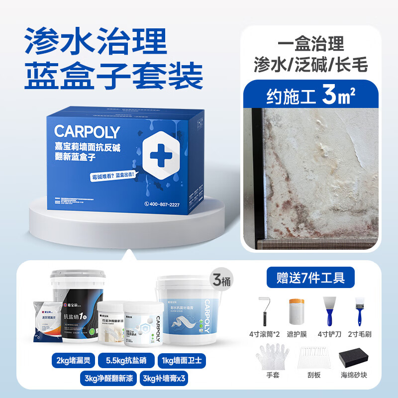 嘉宝莉（CARPOLY）蓝盒子补墙膏内墙面反碱防水脱落白色腻子粉家用天花板修补 墙面泛碱空鼓治理套装3㎡