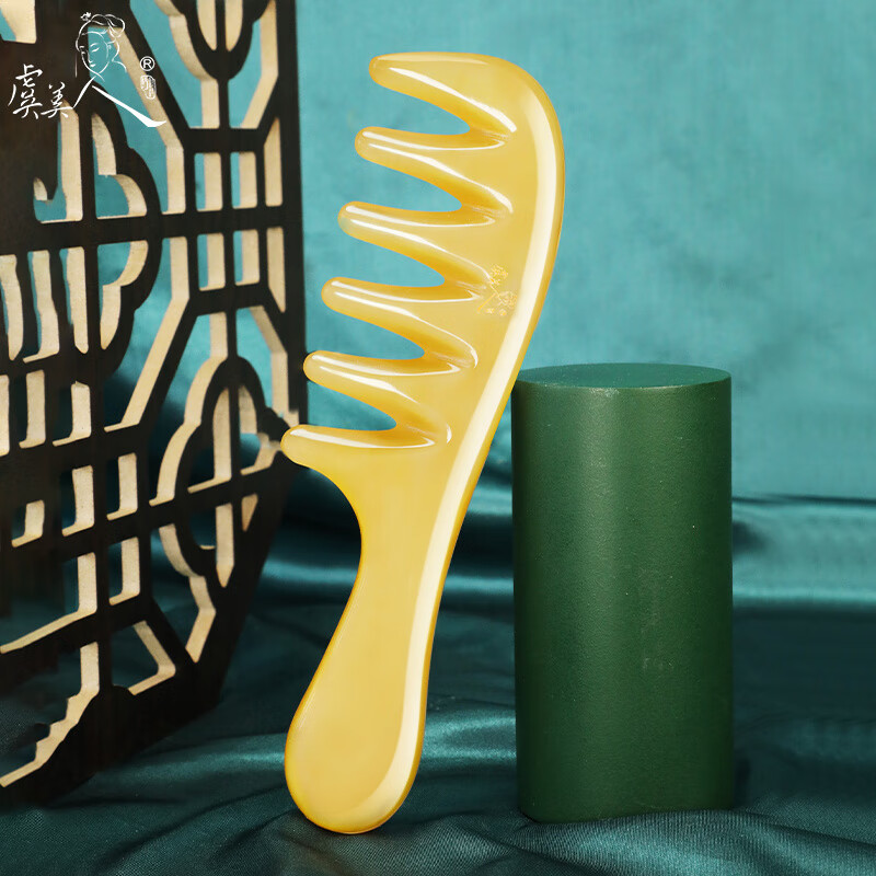 虞美人天然牛角梳六齒加厚按摩頭皮寬齒家用 六齒有柄按摩梳