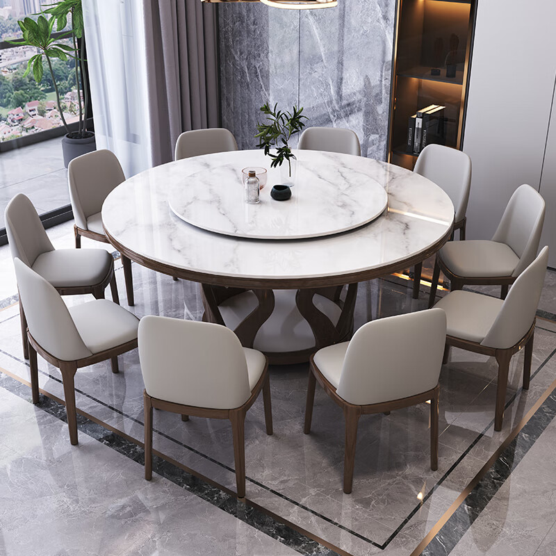 舒和居 餐桌 巖板餐桌實(shí)木餐桌椅組合圓形帶轉(zhuǎn)盤大圓桌酒店飯店家用飯桌 胡桃色框架-亮光雪山白 1.5米 一桌六椅