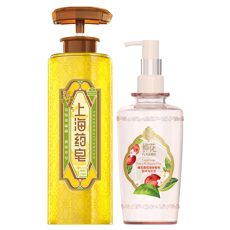 上海藥皂液體香皂蜂花香氛液體皂套裝(金銀花620g+蜜錦海棠果295g)