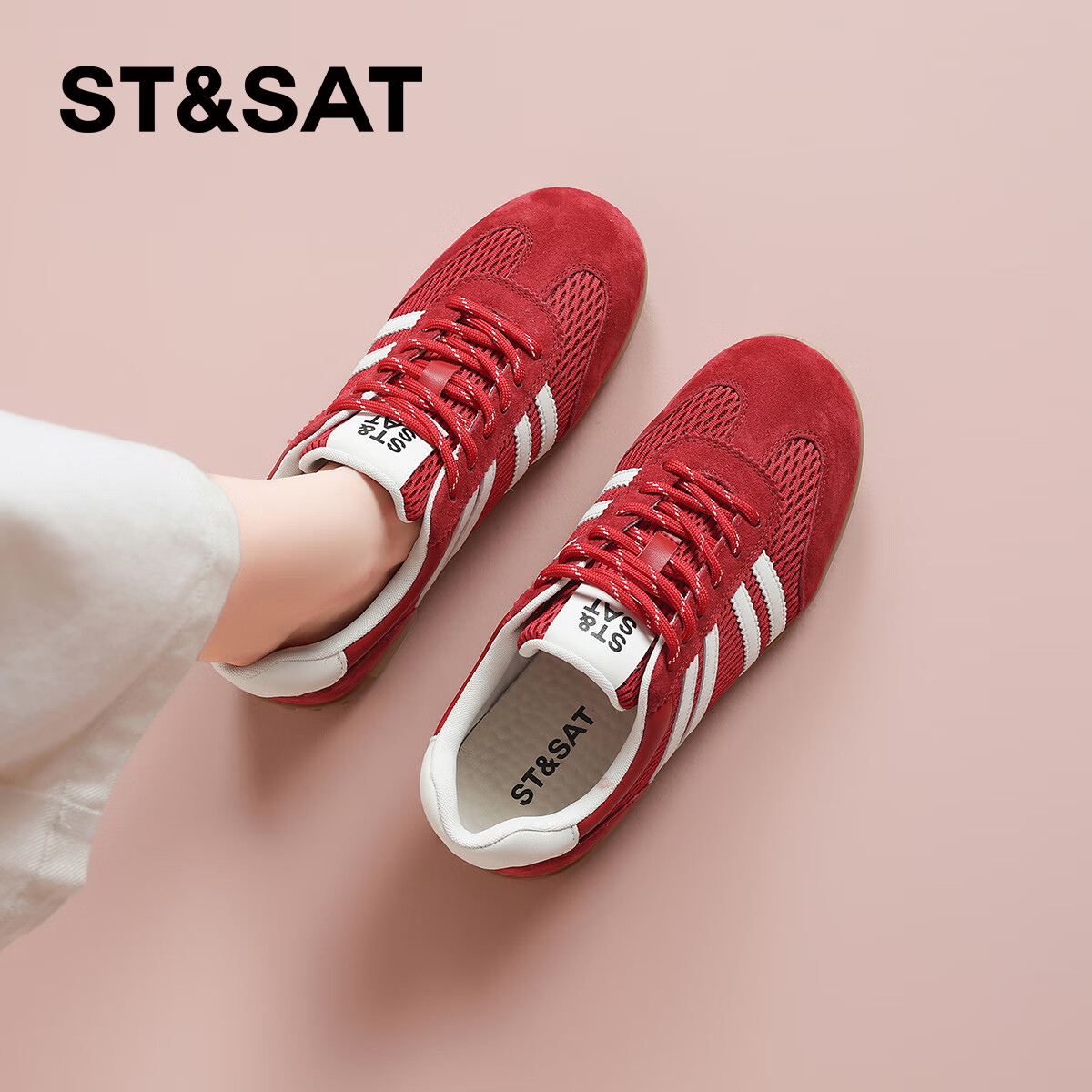 星期六(St&Sat)拼色爆款2025秋季新款德训鞋轻奢复古百搭舒适增高休闲鞋板鞋子女 红色 35