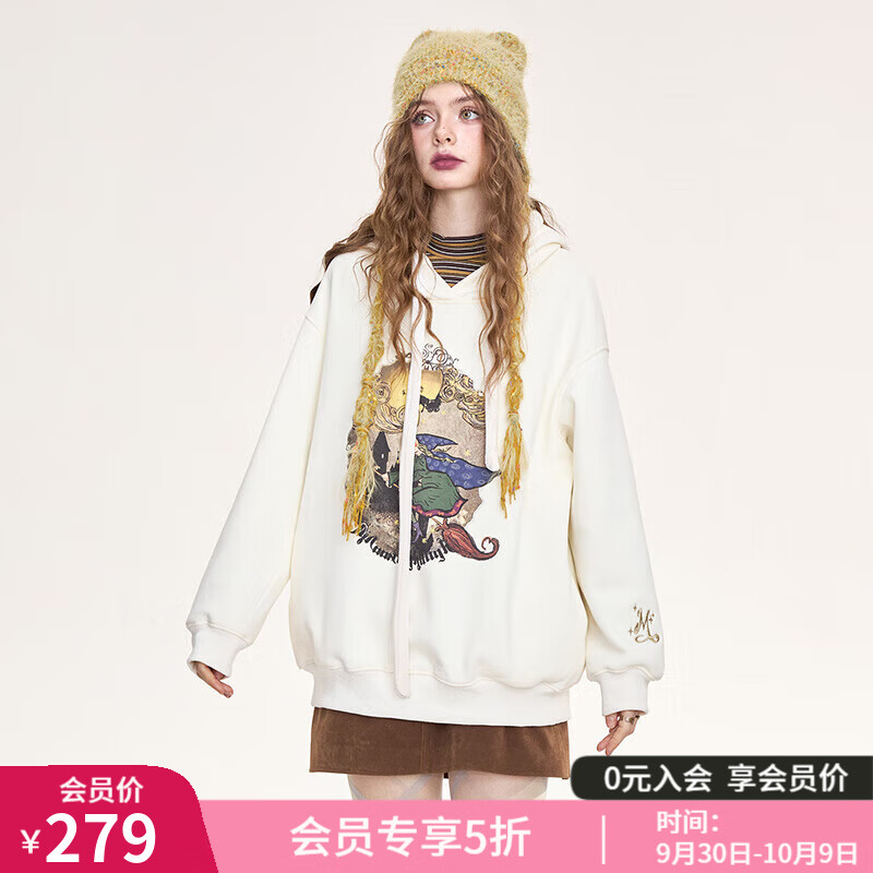 妖精的口袋复古重工刺绣印花连帽卫衣女2024年冬新款加绒休闲上衣 魔法米色 S