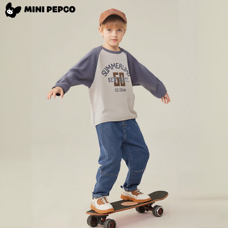 小猪班纳（PEPCO）【7A抗菌】儿童印花长袖T恤插肩韩版春秋童装宝宝圆领打底衫 Summer紫兰/浅灰 男 150 建议身高130-140cm