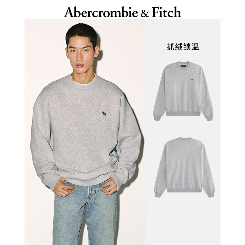 Abercrombie &amp; Fitch经典小麋鹿图案男装25秋冬美式保暖抓绒圆领卫衣122-5535 浅灰色 M (180/100A) 尺码偏大，建议小一码