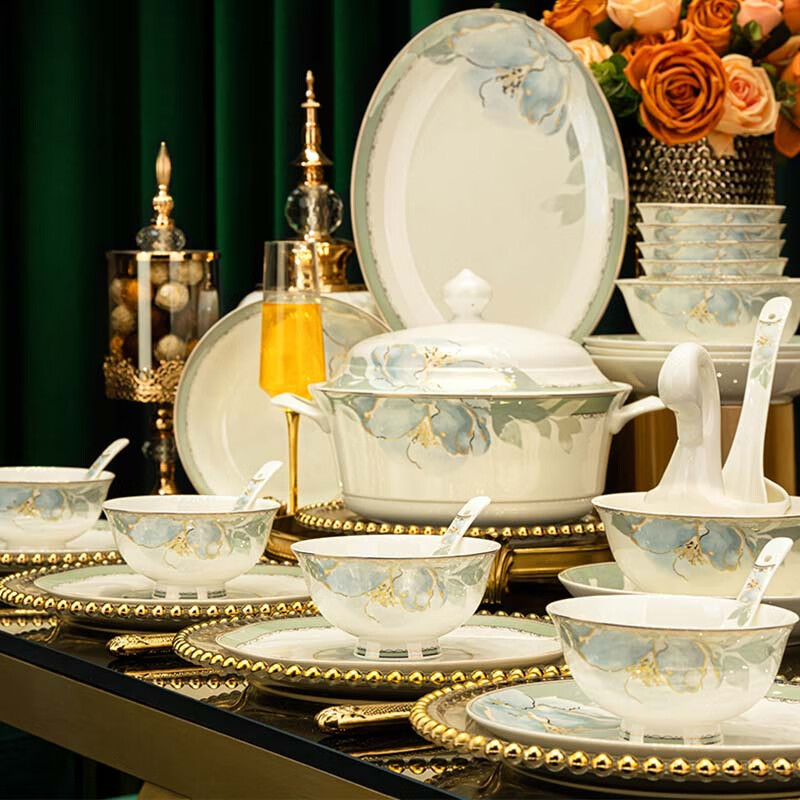 曼远釉下彩景德镇陶瓷餐具高颜值中式碗盘碟套装轻奢高级感乔迁新居礼 花影鎏金【16人配置】 102件套