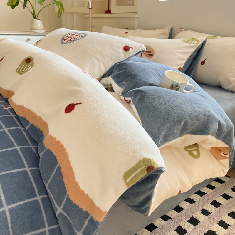 猫人（MiiOW）秋冬卡通牛奶绒四件套加厚保暖珊瑚绒被套床单三件套加绒床上用品 乐乐熊-蓝 【亲肤牛奶绒】 0.9m 床单款 三件套-150*200cm被套