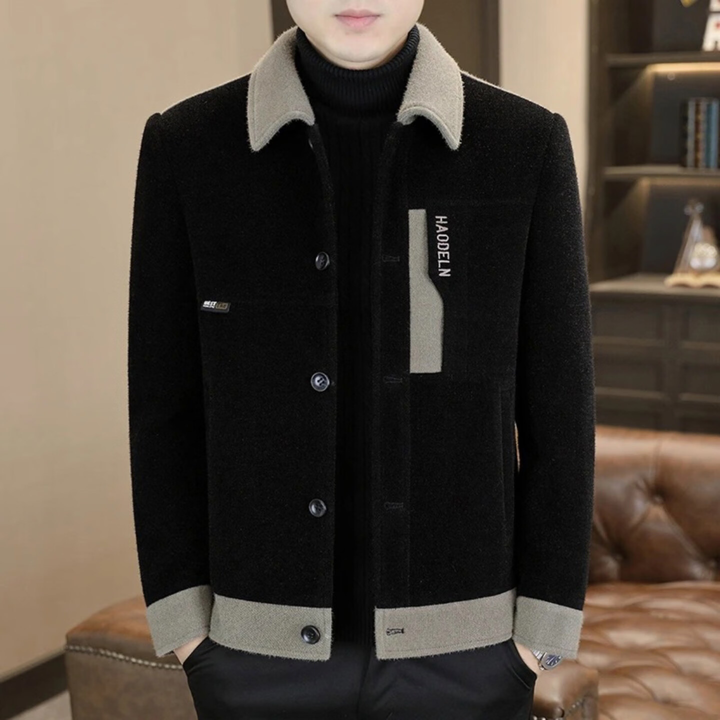 男装高端2025秋冬新款毛呢外套休闲翻领大衣CLp男呢子夹克jd 黑色 4XL 【建议175-195斤】